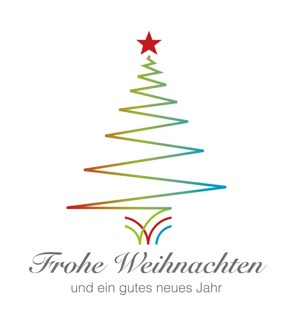 Ein stilisierter Weihnachtsbaum in den Farben des Euro-BBW-Logos (rot, grün, blau) und der Schriftzug "Frohe Weihnachten und ein gutes neues Jahr"
