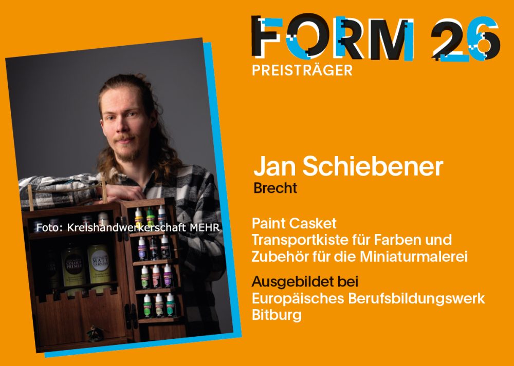 Foto: Kreishandwerkerschaft MEHR; ein Plakat mit einer kurzen Vorstellung des Gesellenstücks mit einem Foto von Jan Schiebener