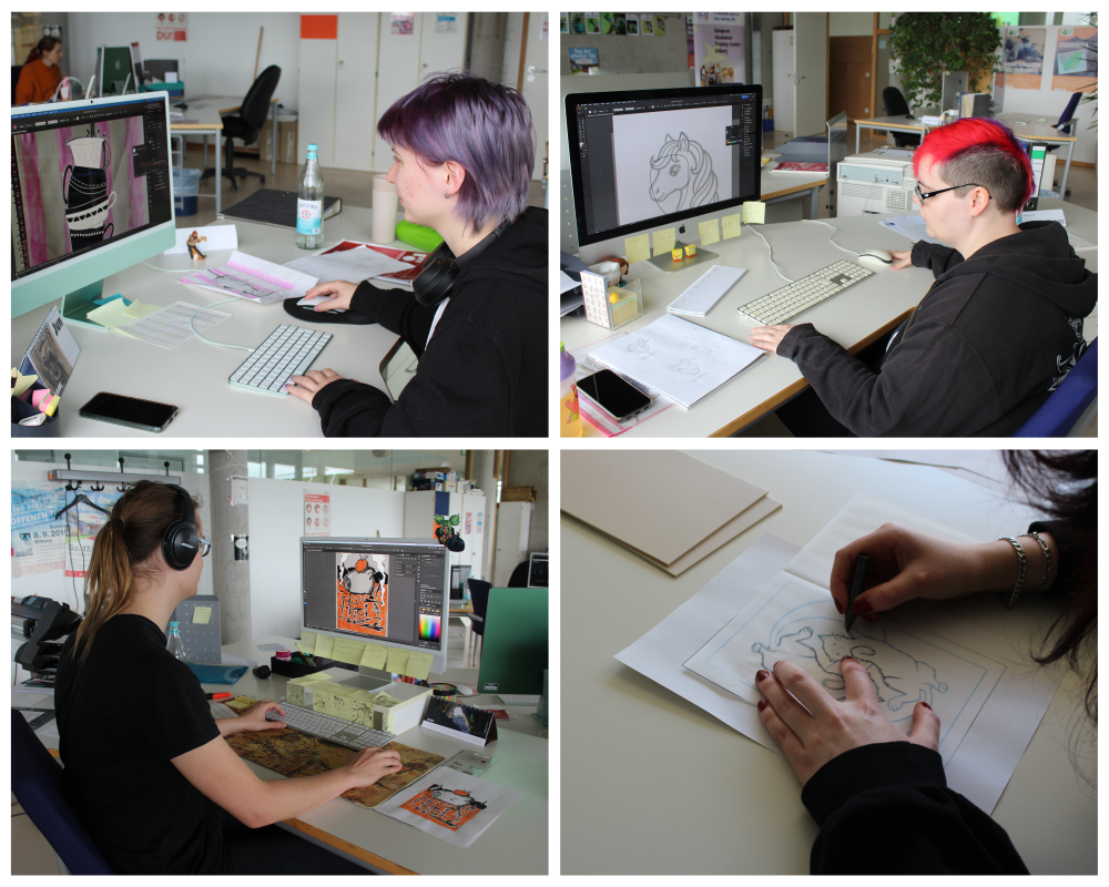 Eine Collage aus vier Fotos, auf denen Auszubildende am Computer sitzen und ihre Motive designen oder von Hand malen