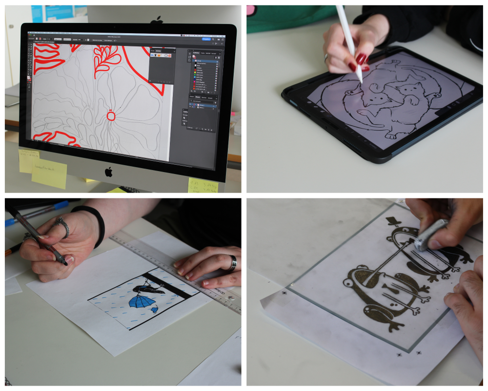 Eine Collage aus vier Fotos, auf denen Auszubildende am Computer, am Tablet oder von Hand ihre Motive erstellen