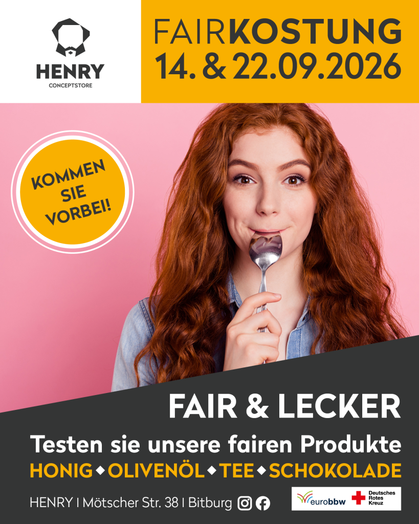 Plakat "Fairkostung am 14. und 22. September 2026"; Fair & Lecker, Testen Sie unsere fairen Produkte (Honig, Olivenöl, Tee, Schokolade)