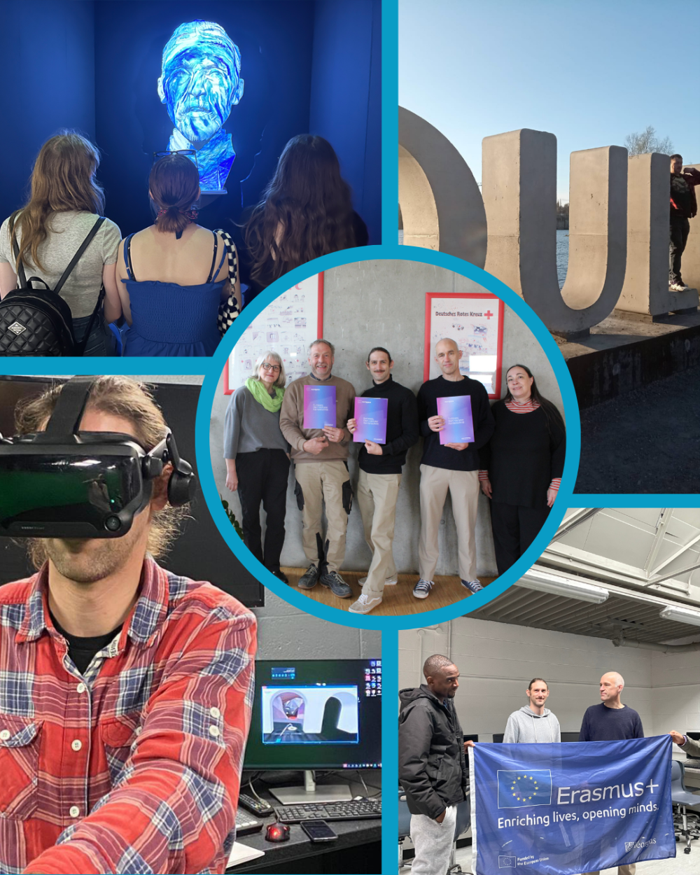 Es handelt sich um eine Collage aus fünf Fotos (drei Azubis in Graz, Schriftzug Oulu), ein Kollege mit VR-Brille, zwei Kollegen mit Erasmus+-Fahne und drei Kollegen bei der Überreichung des Europasses